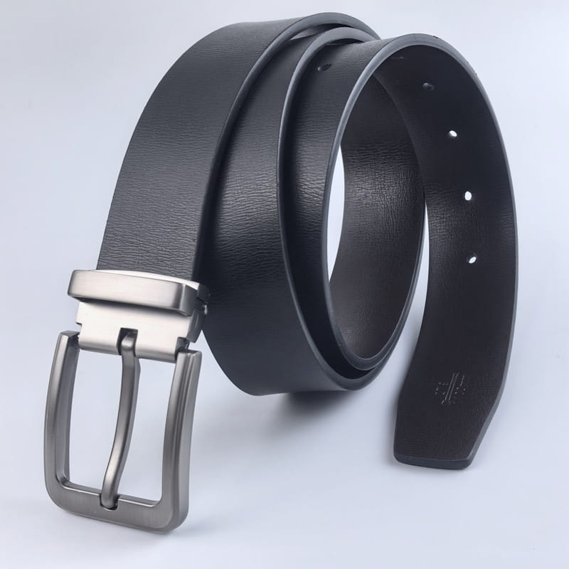 Black leather belt with silver-toned metal pin buckle designed for men business casual wear.