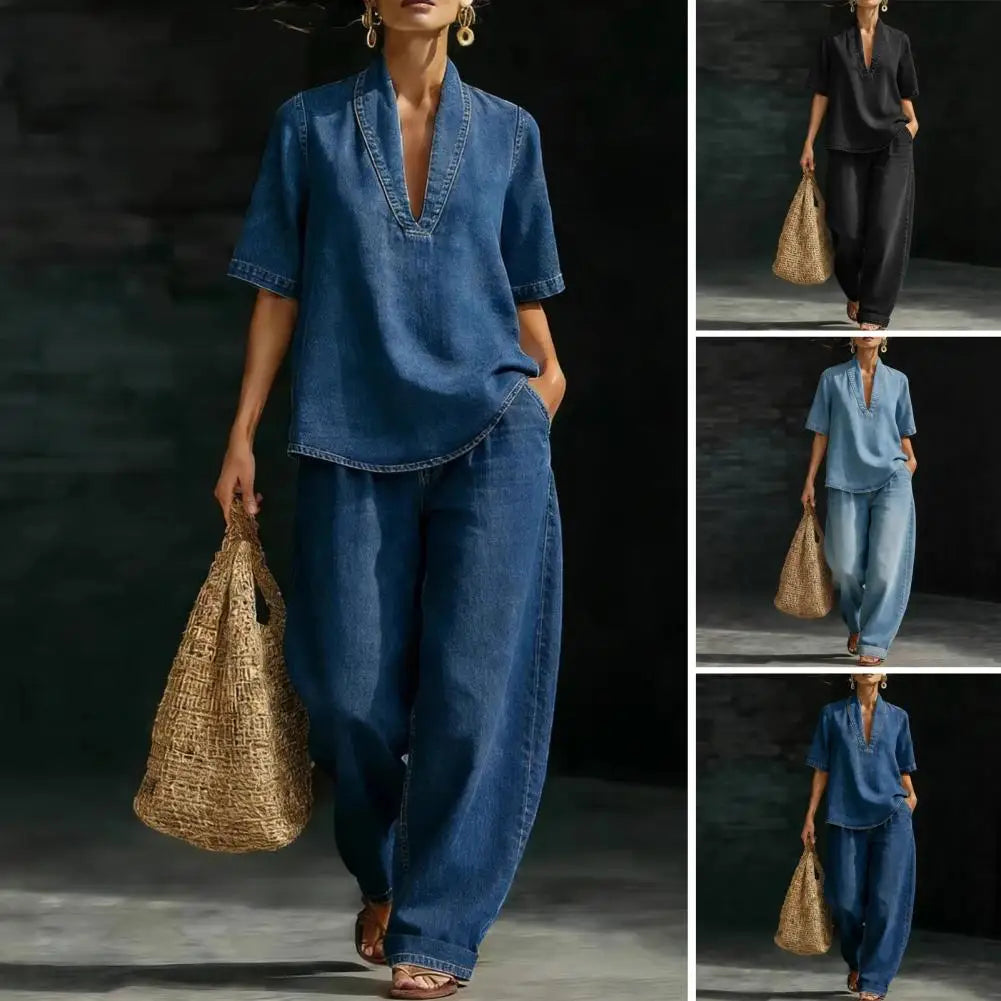Women's 2 Piece Denim Outfit Summer Short Sleeve V Neck Lapel Top Wide Leg Pants With Pockets Casual Vacation Sets