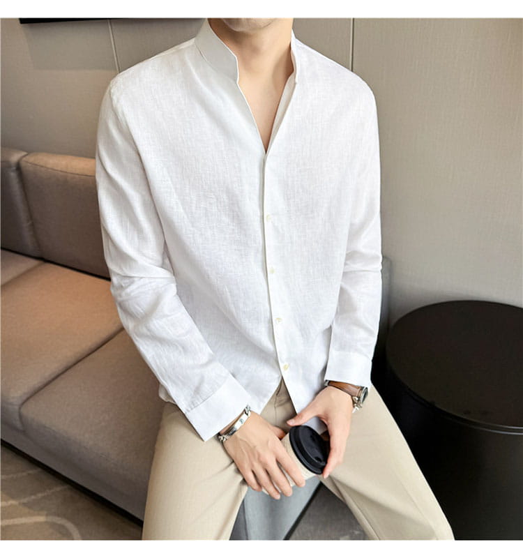 Men’s white linen button-down shirt with mandarin collar and long sleeves.