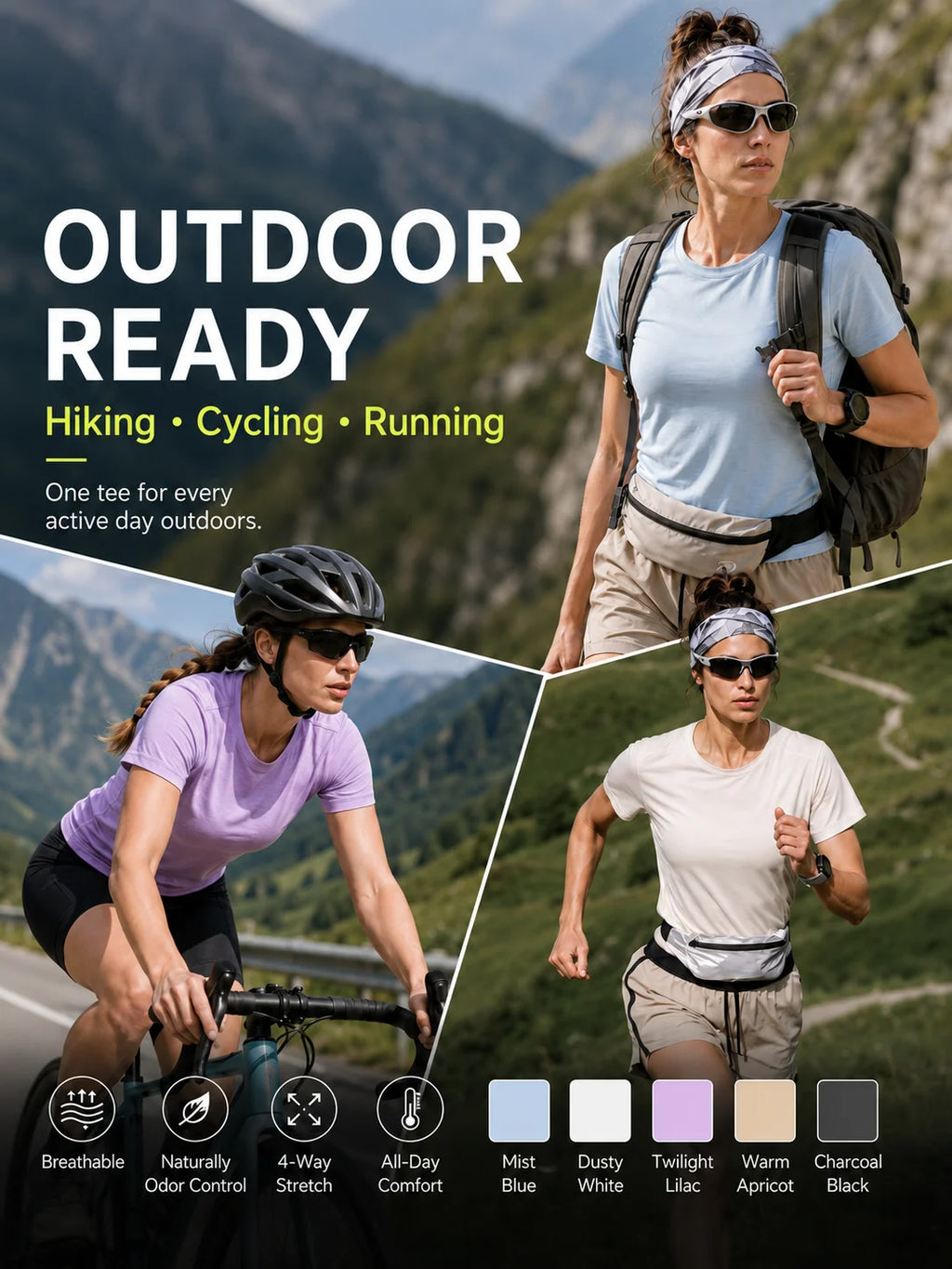 Women Merino Wool Blend Athletic ACTIVE T-Shirt Short Sleeve Quick Dry Odor Resistant Breathable Outdoor Running Hiking Top TEE
