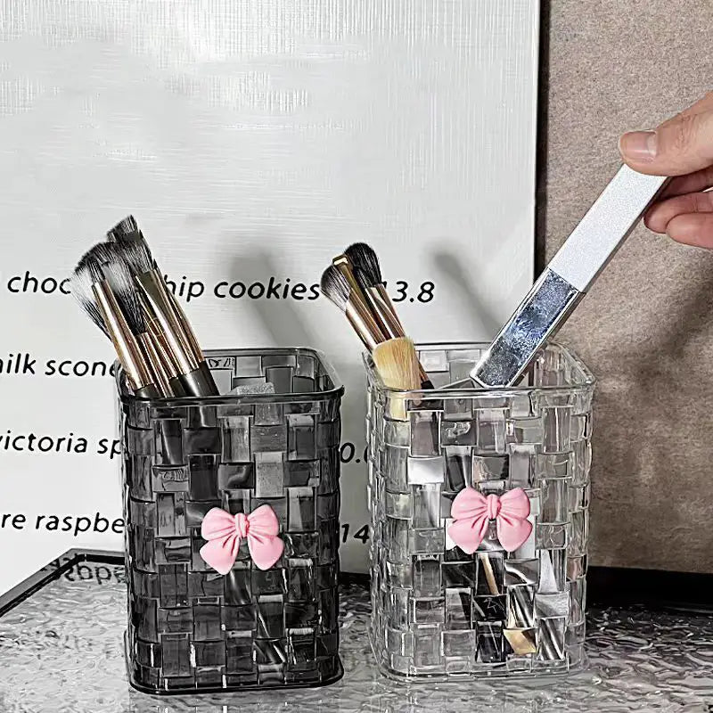 Transparent mosaic-patterned brush holders with pink bow decorations for desktop storage organization in the bow pen holder desktop storage organizer collection.