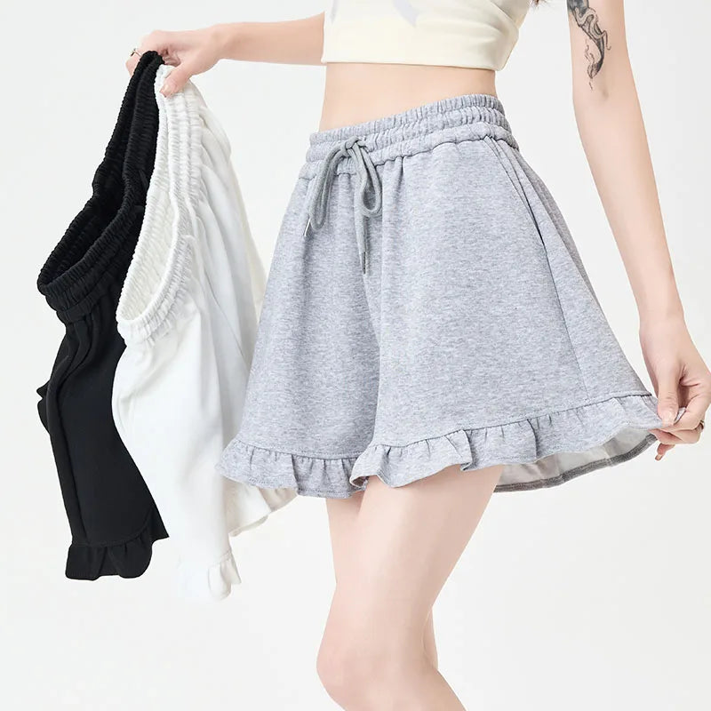 Women Summer Sports Shorts Sweet Ruffles Preppy Loose Casual Drawstring Shorts Female Simple All Match High Waist Hot Shorts New