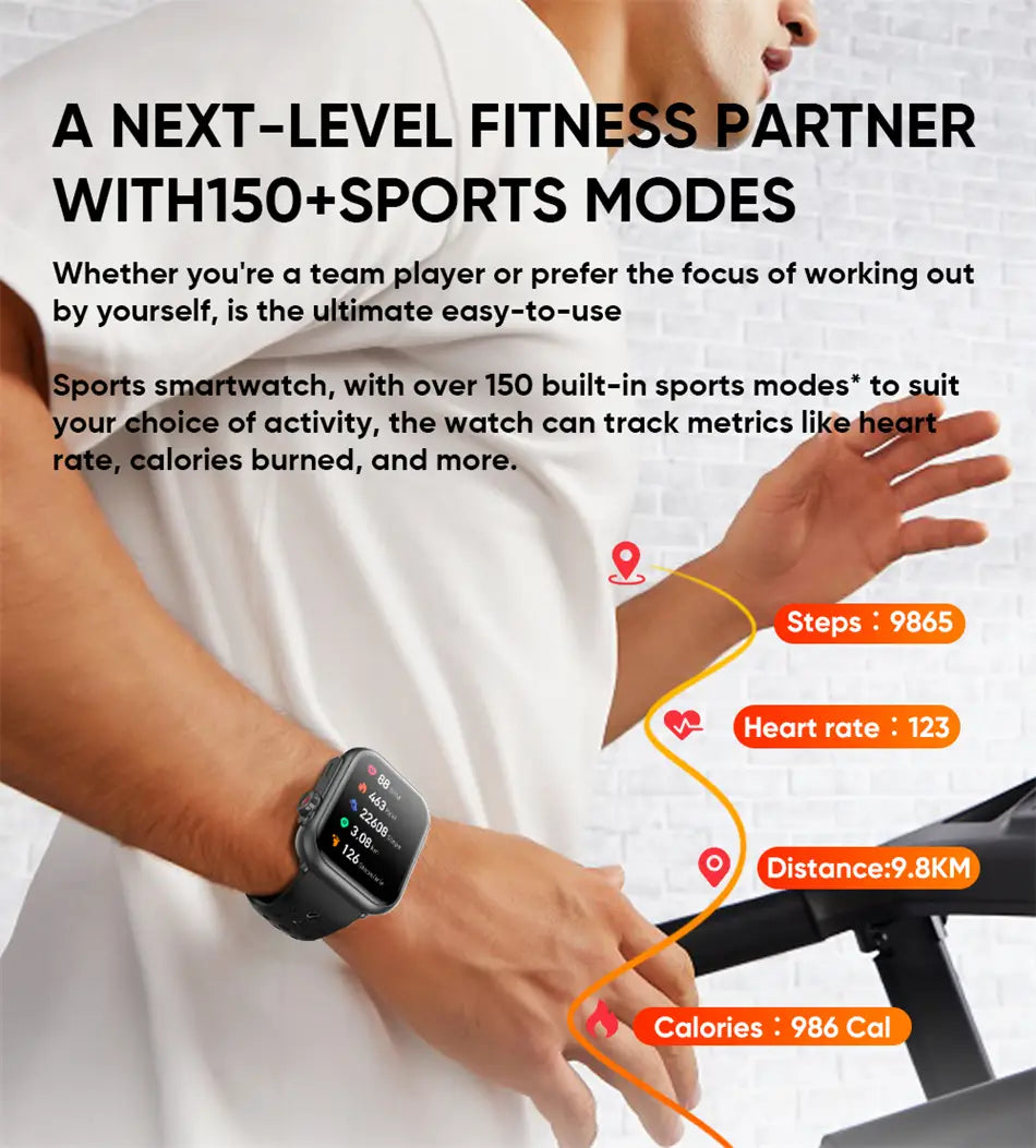 Schwarzer AMOLED-Bluetooth-Smartwatch-Fitness-Tracker mit rechteckigem Display, das Fitnessmetriken anzeigt, getragen am Handgelenk einer Person