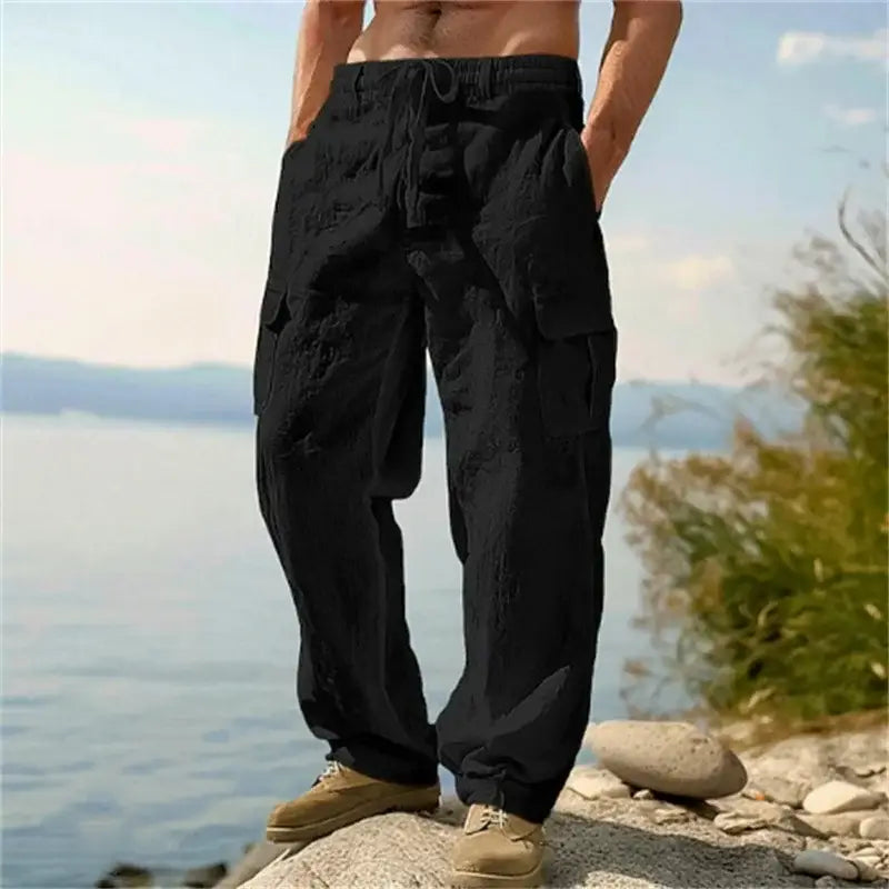 Pantalons cargo en lin pour hommes, décontractés et amples, en coton noir, avec plusieurs poches et une taille à cordon de serrage.