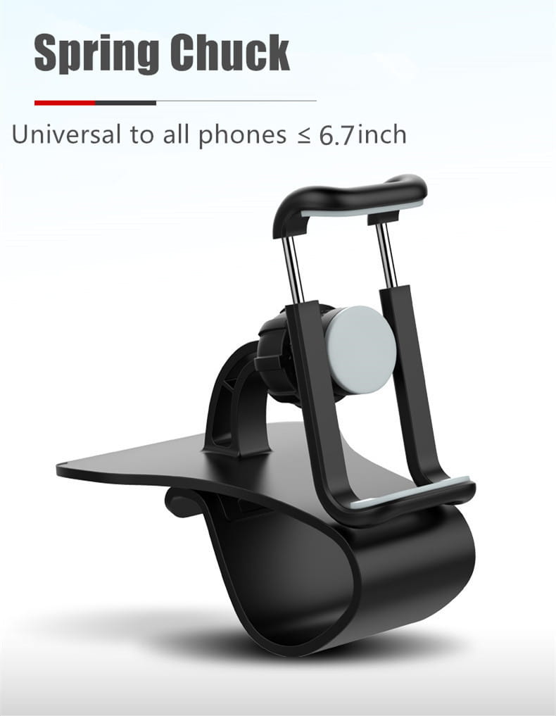 black plastic spring chuck car phone holder with silver circular adjustment knob and metal arms visible from the back side designed for universal fit up to 6.7 inches and 360 rotatable dashboard mount.