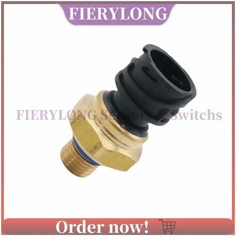 capteur de pression d’huile pour daf cf xf 2126981, comportant une sonde de température du liquide de refroidissement du moteur en laiton de couleur dorée, avec un connecteur en plastique noir et un joint torique bleu.