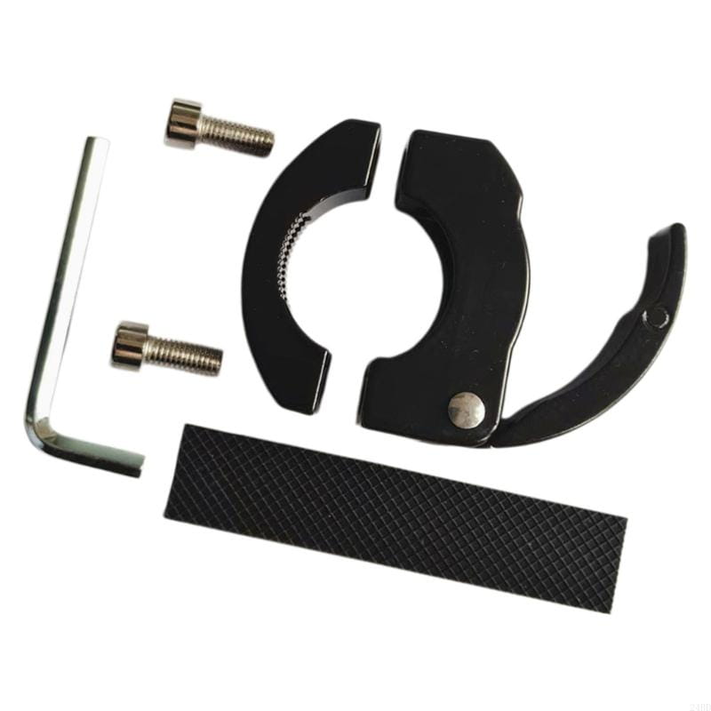 Black metal aluminum bike handlebar bag hook with textured grip strip and included screws for scooters.