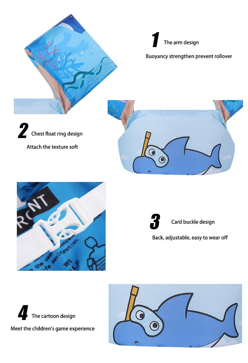Blue inflatable kids swim armbands made of foam with a cartoon shark design and a white adjustable strap for buoyancy and safety.