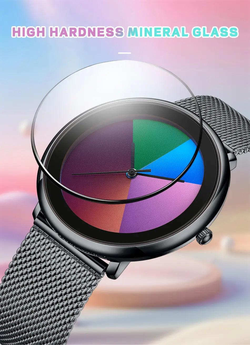 A sleek black Lige women rainbow dial quartz watch featuring a vibrant multi-colored segmented dial and a silver mesh band.