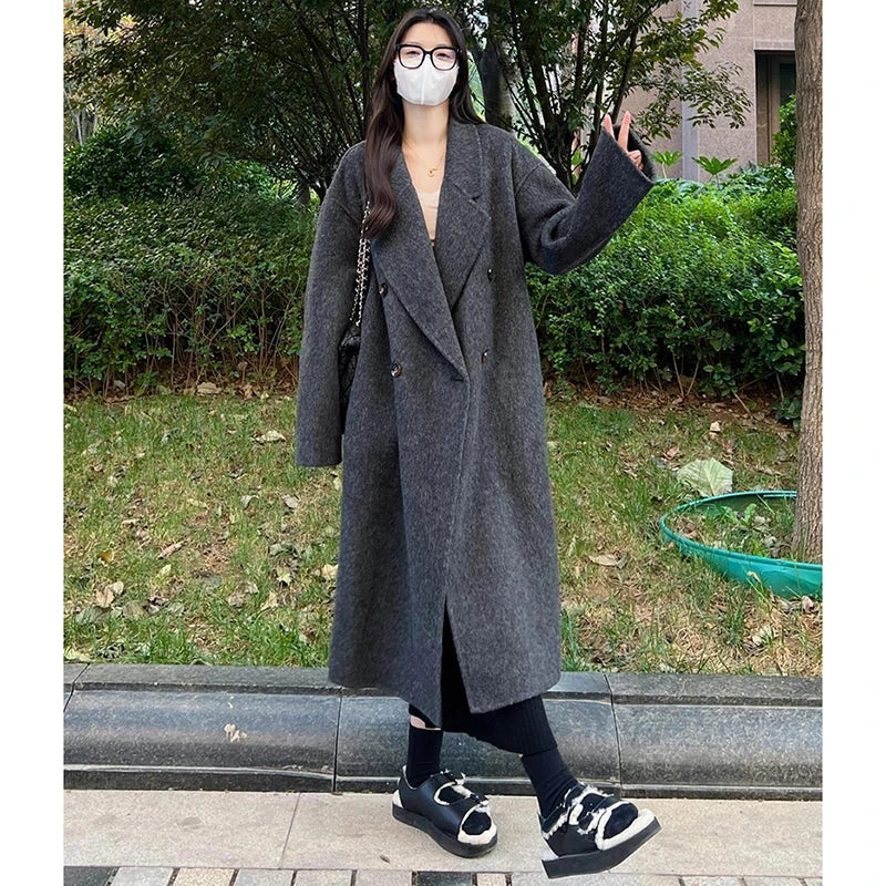 Cozy Wool Blend Women Coat Mid Length Double Breasted Lapel Longline Oversized Classic Timeless Warm Winter Outerwear Top