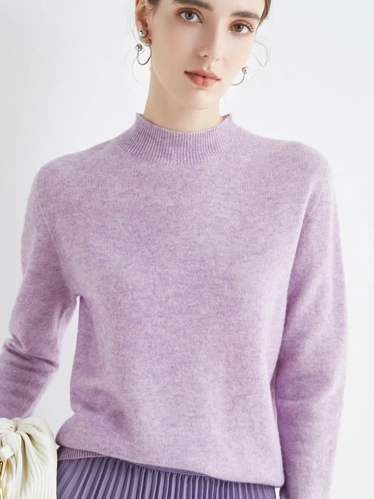 Women 100% Merino Wool Sweater For Autumn Winter  First Line Seamless Half-high Collar Pullover Basic Top OL Solid Soft Cashmere