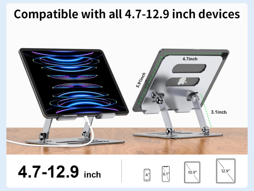 Silbermetallischer verstellbarer Aluminium-Tablet- und Telefonständer mit verstellbarer Höhe und Neigung für Geräte von 4,7 bis 12,9 Zoll Größe