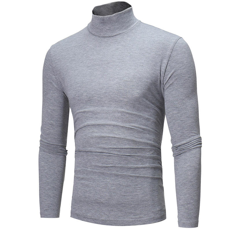 Ein Slim-Fit-Herren-Thermo-Rollkragenpullover Langarmshirt in meliertem Grau aus weichem, dehnbarem Stoff mit umgeschlagenen Bündchen.