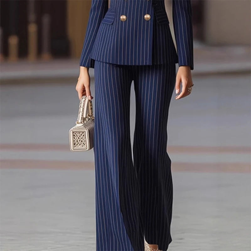 Fashion Autumn Winter Ladies Pant Suit Women Striped Female Business Work Wear Jacket Blazer and Trouser Formal 2 Piece Set