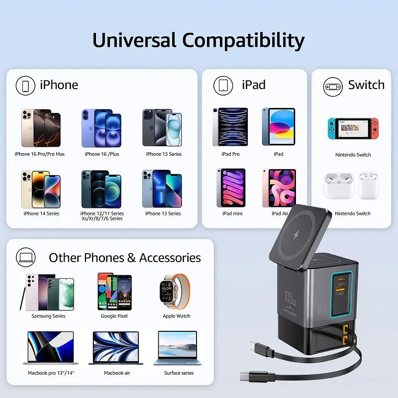 黒色およびティール色の105Wワイヤレス充電ステーションで、複数ポートを備え、複数のデバイスを同時に充電するために設計されています。