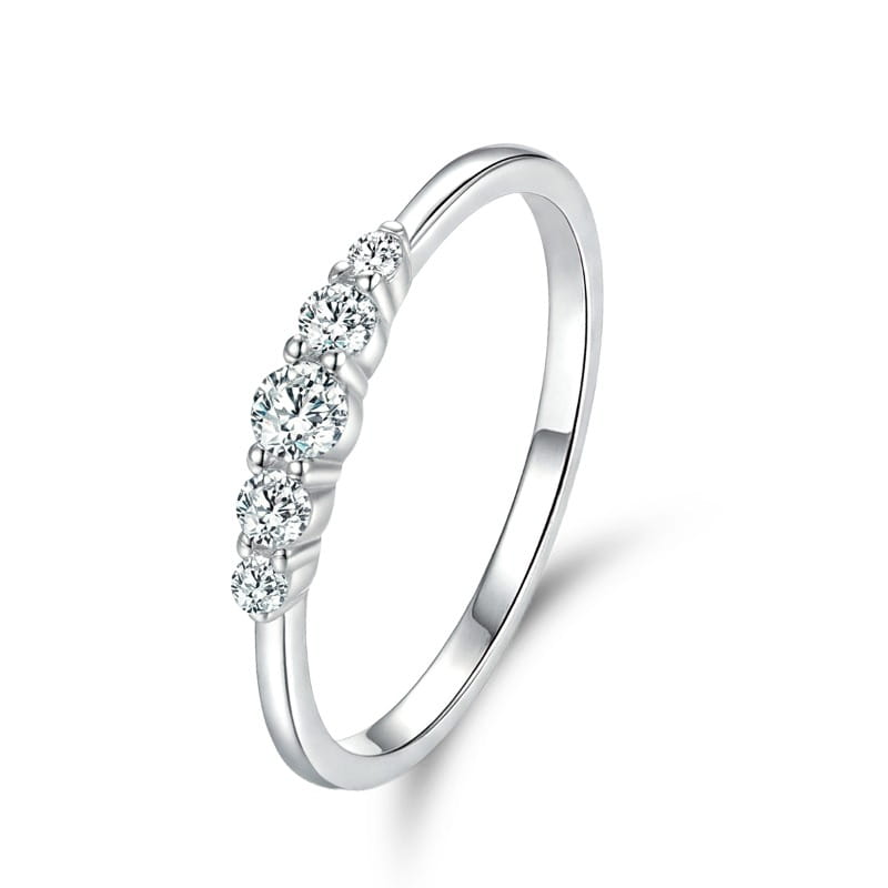 Sterling silver zircon ring for women featuring a delicate silver band with five round-cut clear stones in a sleek minimalist design.