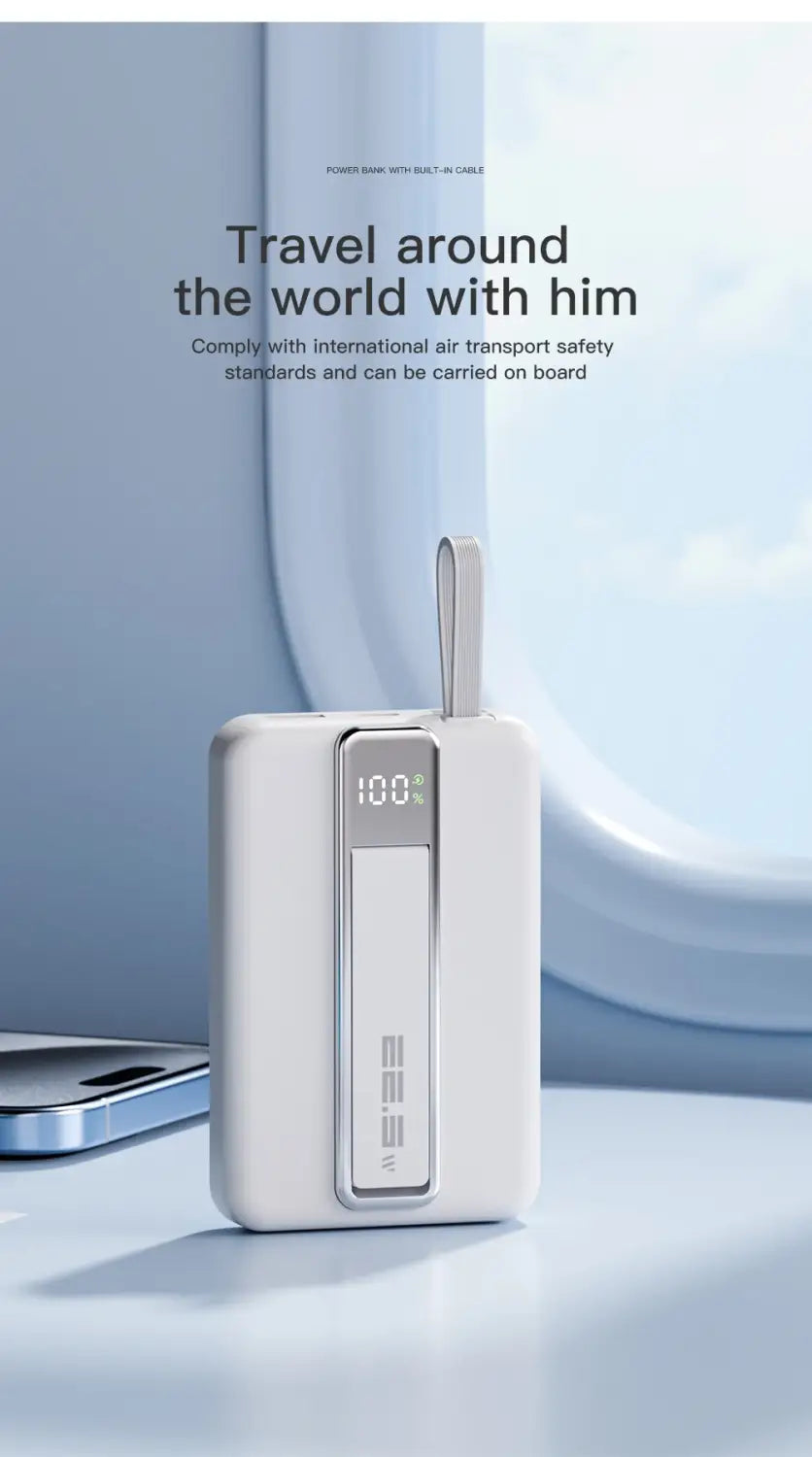 white rectangular magnetic power bank 10000mah 20w fast charging with digital display showing 100 percent charge and aee brand name featuring 5v 3a and 9v 2a output capabilities