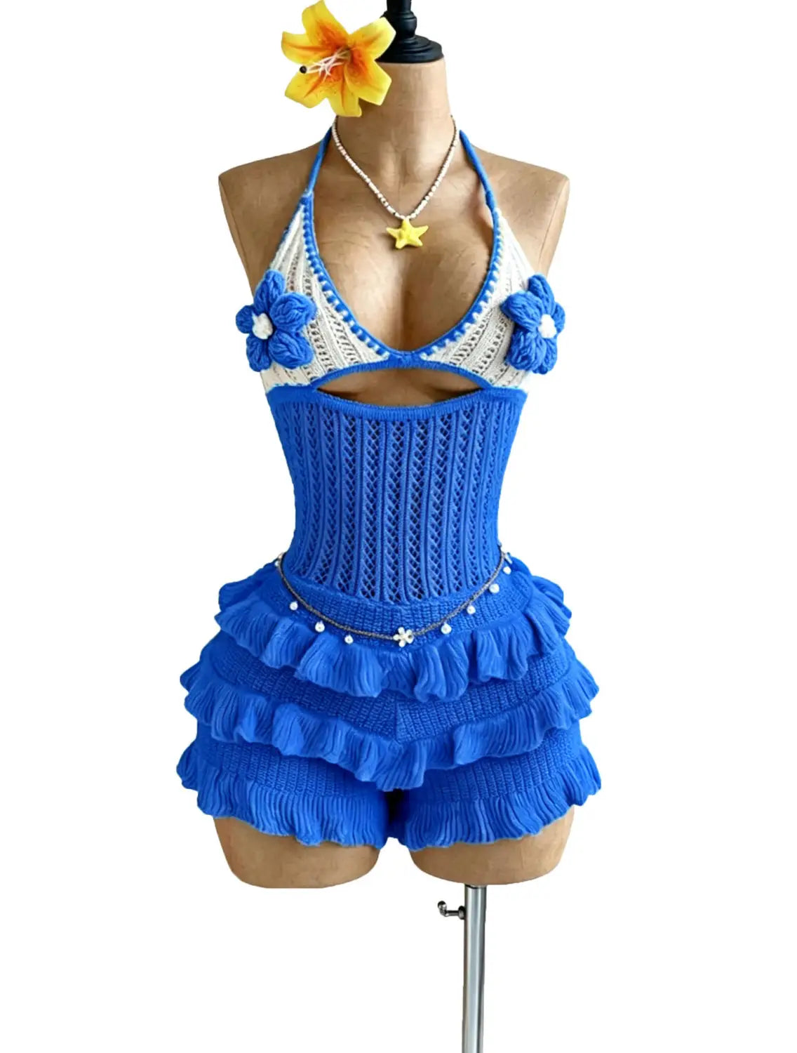 Blue crocheted halter top with floral embellishments and matching ruffled shorts knitted ruffle halter romper summer playsuit.