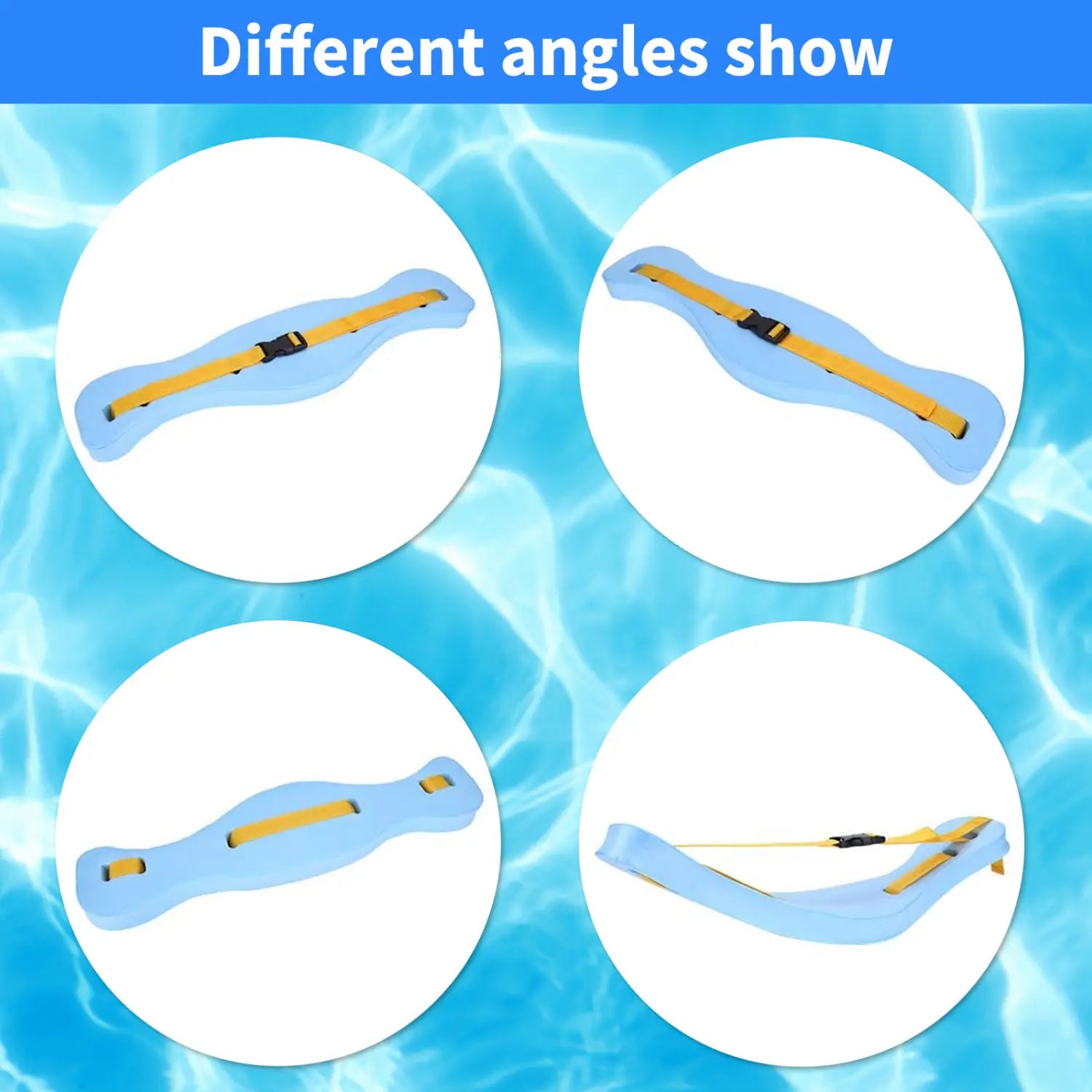 Light blue and yellow swim buoyancy belt with adjustable strap designed as a training float for swim support.