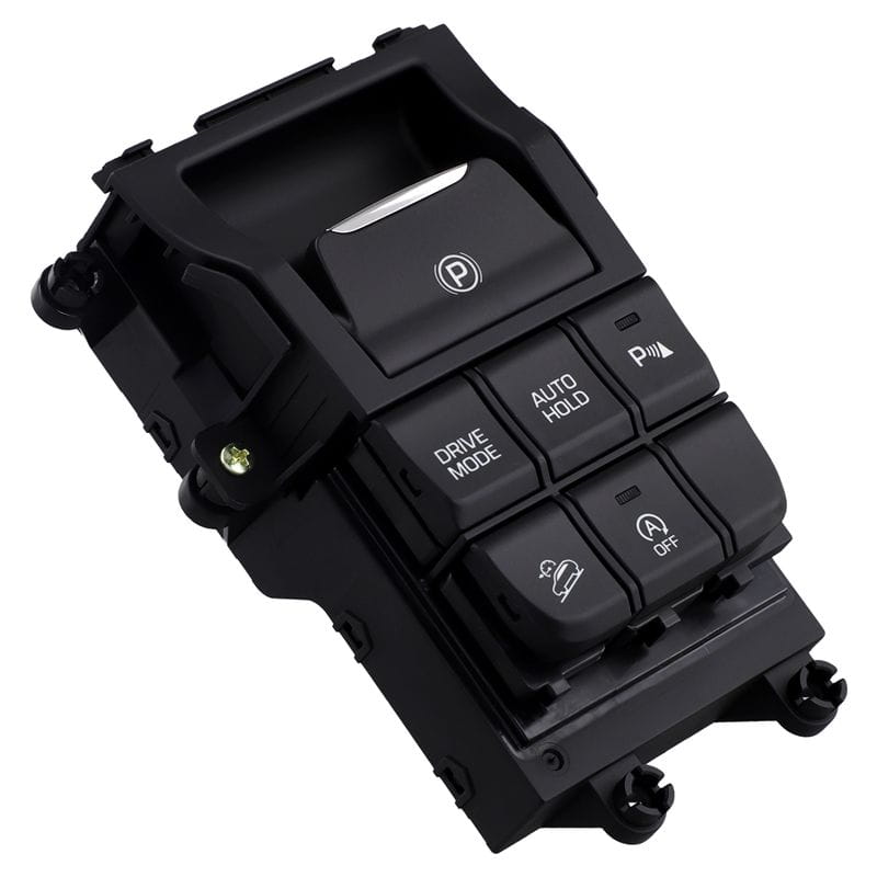 Black plastic electronic hand brake switch button panel for Tucson 2016 2017 featuring labeled controls including p auto hold and drive mode.