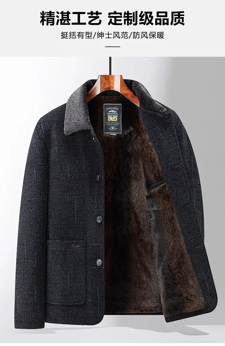 Men wool blend winter trench coat in dark gray wool with a plush brown fur-lined interior and a structured collar.