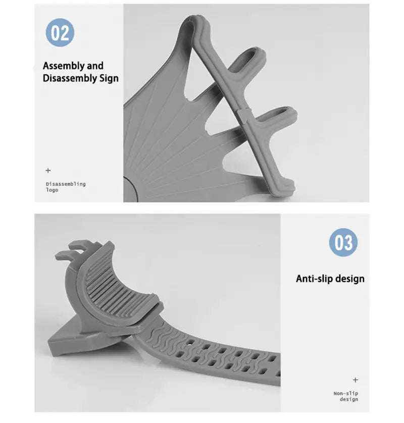 Organizador de zapatos de plástico gris con diseño curvado ajustable y superficie antideslizante texturizada mostrado junto a un soporte universal para teléfono de bicicleta de silicona.