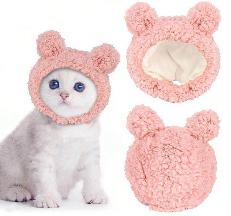 Gorro suave esponjoso rosa con orejas de oso para gatos, fabricado en material de peluche, ajustable para tocado de disfraz.