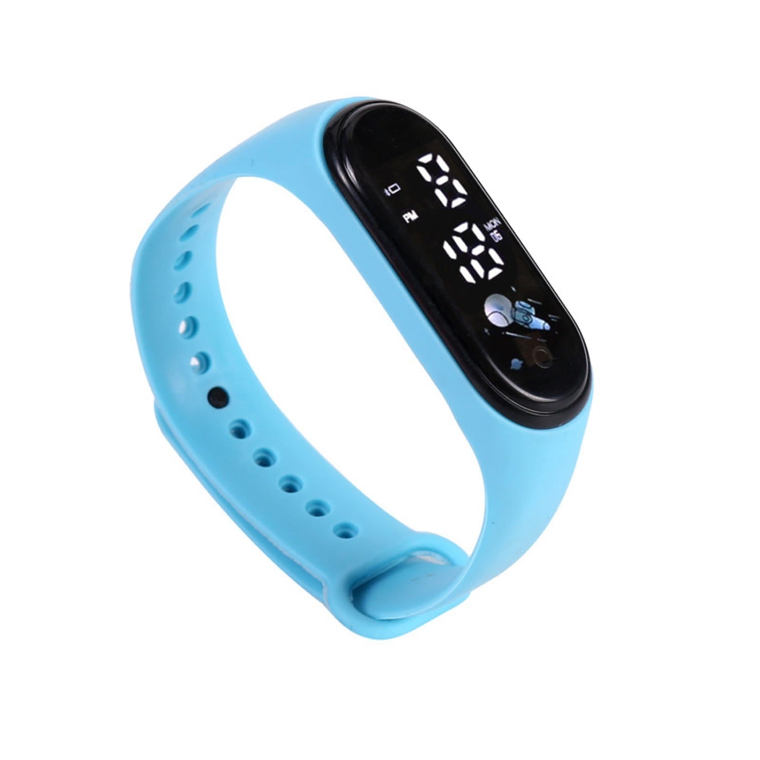 Light blue silicone kids digital LED sports watch with a black digital display showing time and date.