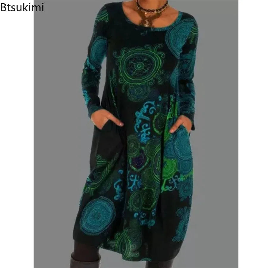 Ethnic Style Casual Dresses Women's Loose Vintage Ruffles Midi Dress Spring Autumn Long Sleeve Boho Printed Party Pocket Dress