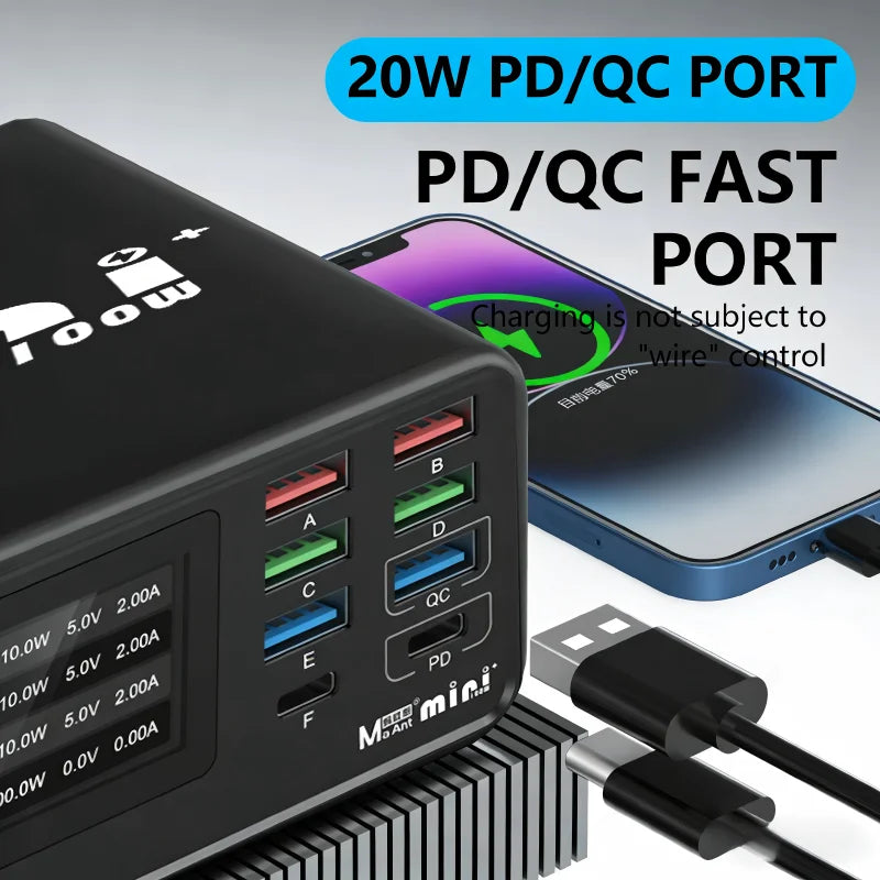 Multi Port 100W USB Charger Hub Digital Display Voltage Current Monitor PD QC Fast Charger Smart for Phones Laptops