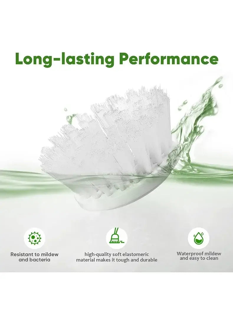 A white high-quality soft elastomeric brush with a sleek design and durable construction for an electric spin scrubber cordless cleaning brush used for electric cleaning.