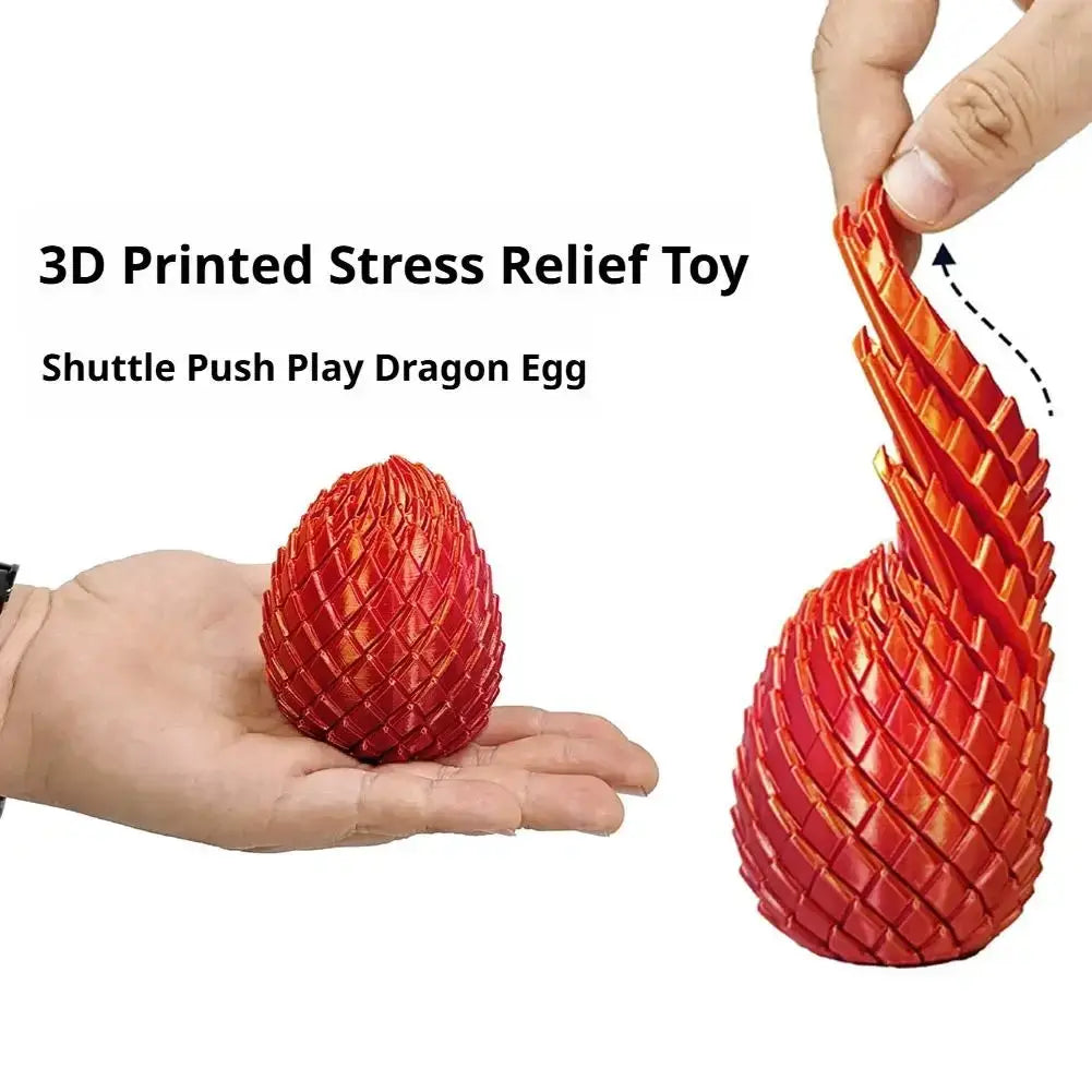A vibrant red printed dragon egg fidget toy with textured interlocking scales viewed from the front