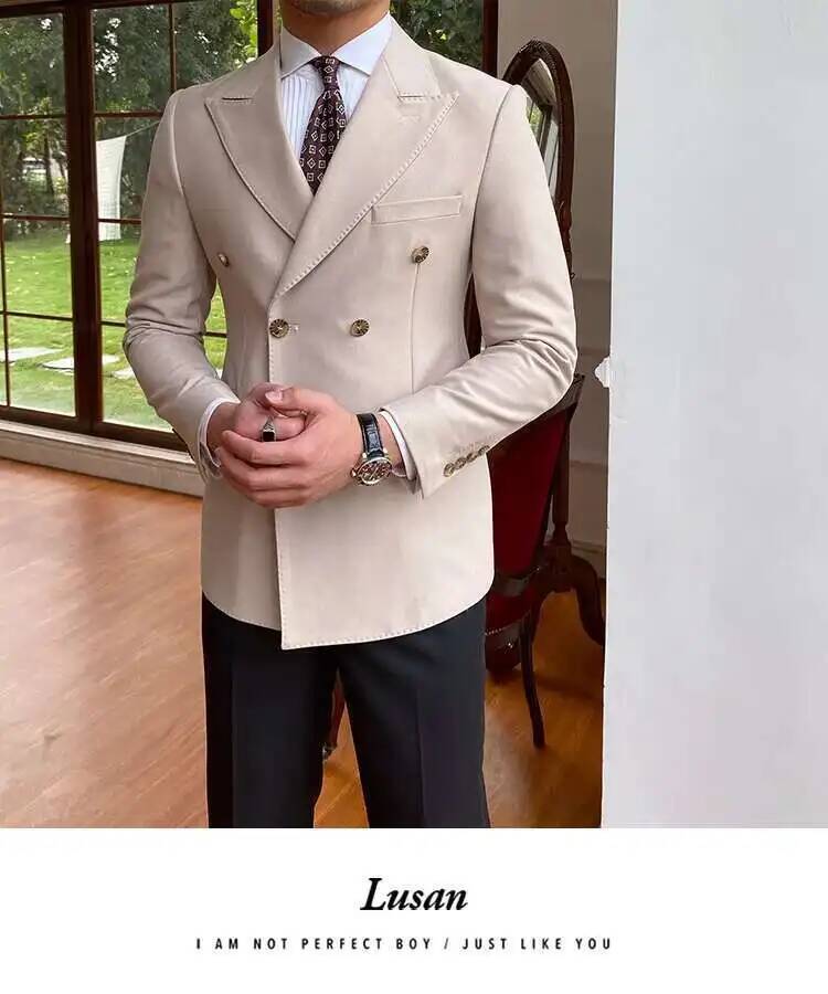 beige double breasted slim fit blazer jacket for men featuring gold toned buttons and subtle stitching details