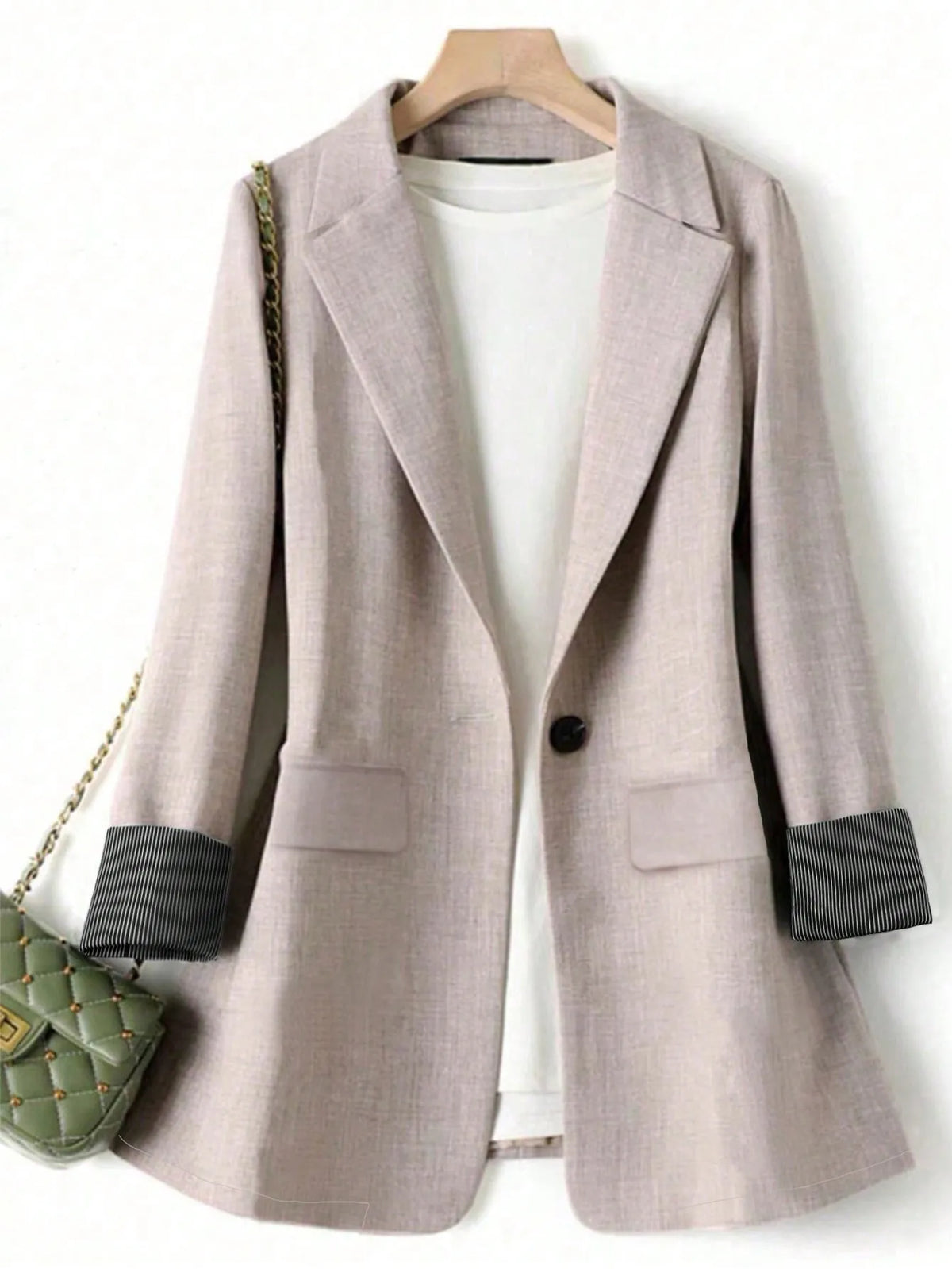 Women's Blazer Single Button Office Jacket Autumn 2026 Loose Fit Woven Fabric with Striped Cuff Lapel Collar Suit Outerwear