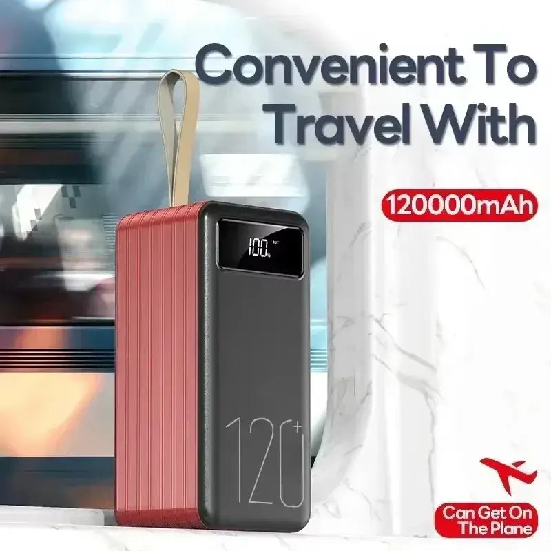 Portable power bank in red and black with ribbed texture and beige carrying strap featuring a digital display showing 100 percent charge.