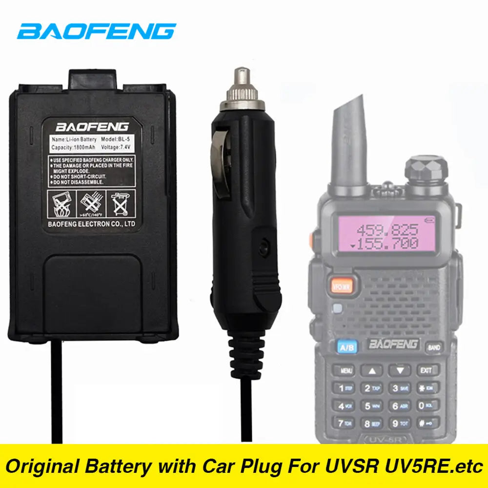 Black Baofeng BL-5 lithium-ion battery with car charger plug designed as a battery eliminator for UV5R walkie talkie accessories.