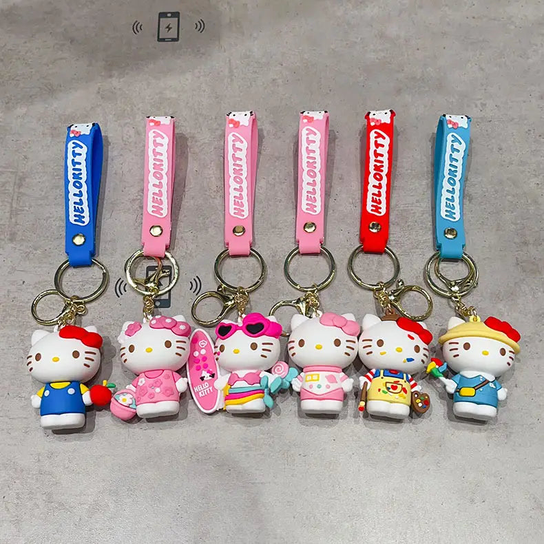 Set of six colorful hello kitty cartoon keychain anime bag charms featuring unique character designs with matching blue or pink wrist straps.