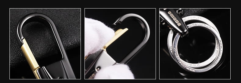 ステンレス製のキーホルダーリングとカラビナを備えた、洗練されたモダンデザインのブラックおよびゴールド回転式カーキーチェーン。
