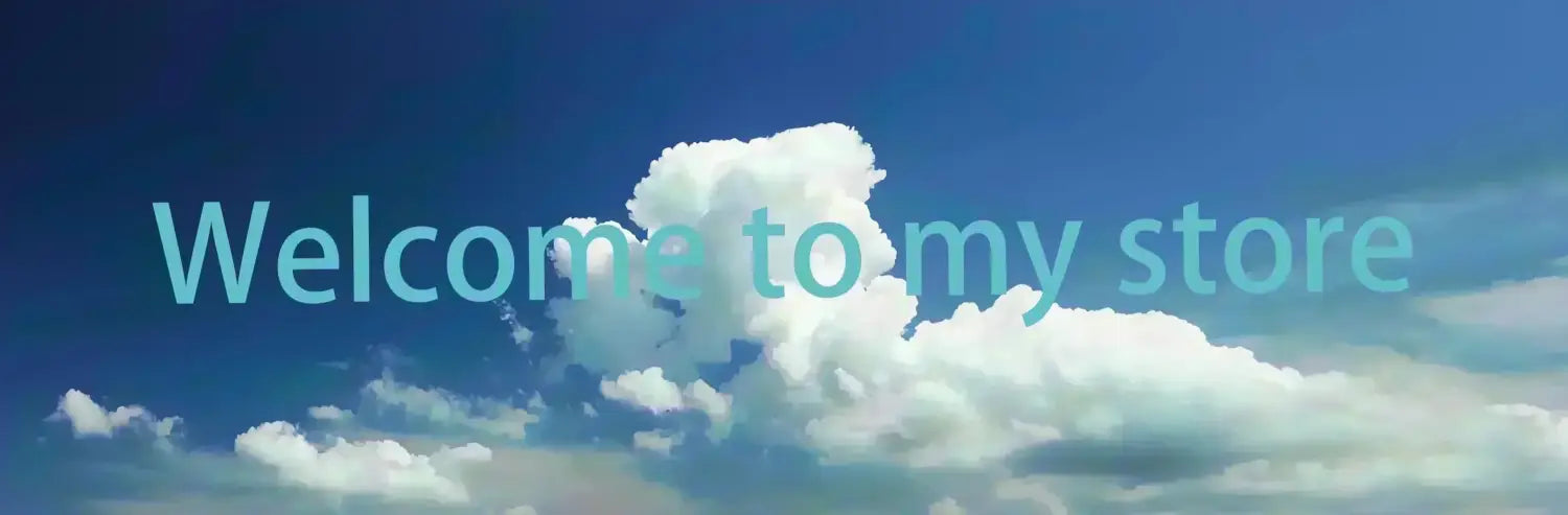 Welcome to my store banner with light blue text on a bright blue sky and fluffy white clouds backdrop featured on a funny insomnia graphic tshirt dark humor sleep tee.