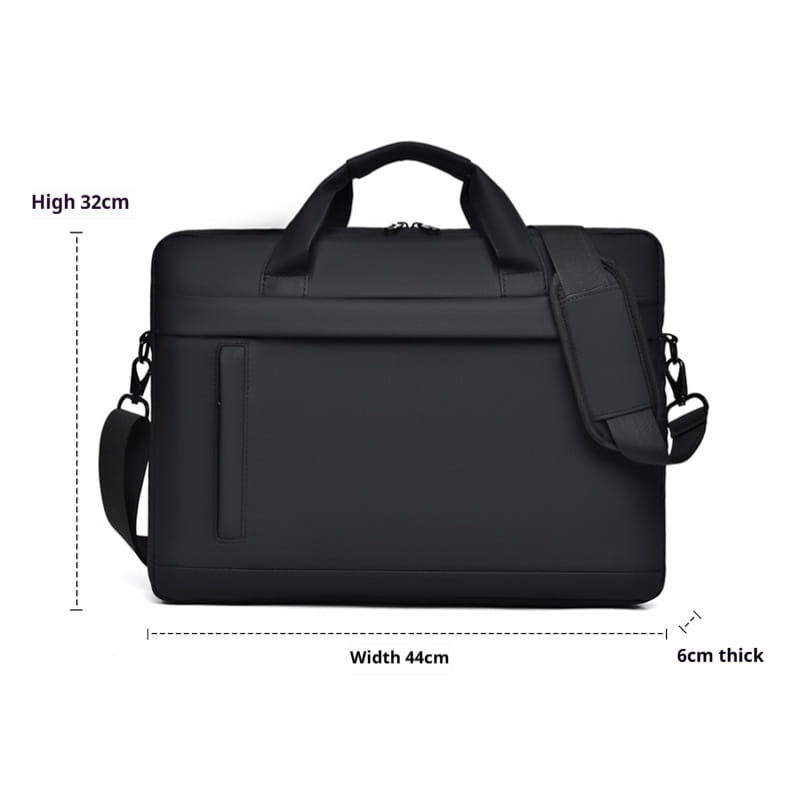 Sacoche professionnelle pour ordinateur portable en attaché/porte-documents noire, fabriquée dans un tissu durable, avec poignée supérieure et bandoulière réglable.