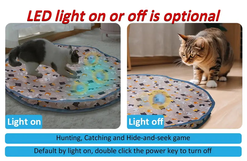 alfombrilla redonda interactiva para juguetes de gato con luces LED, con un patrón de gatos negros y blancos sobre un fondo gris claro, diseñada para juguetes de gato interactivos fabricados en la parte continental de China.