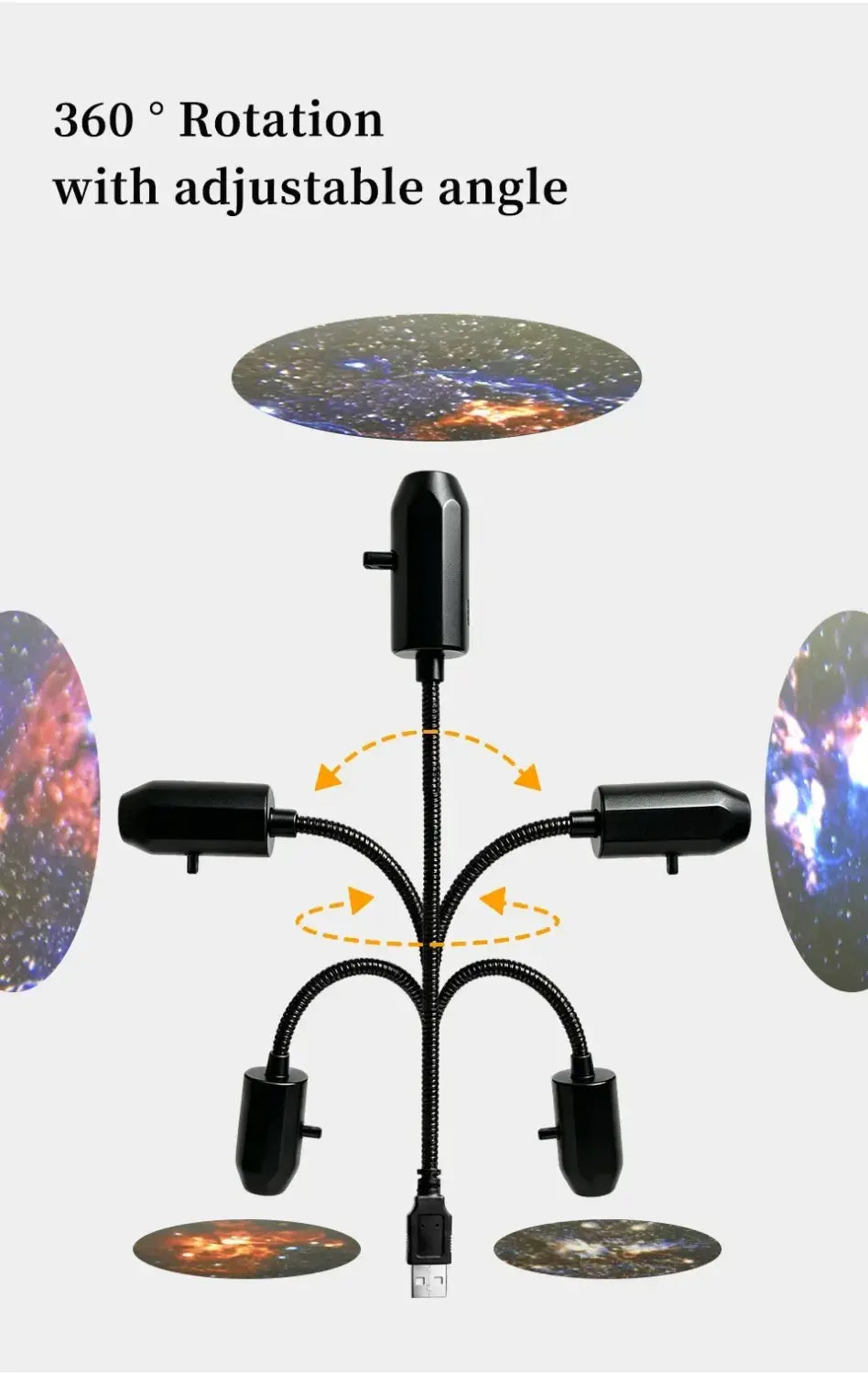 projecteur de galaxie ciel étoilé noir alimenté par USB, au design multi-bras flexible, pour projeter des motifs cosmiques dans une projection en série de diapositives de ciel étoilé.