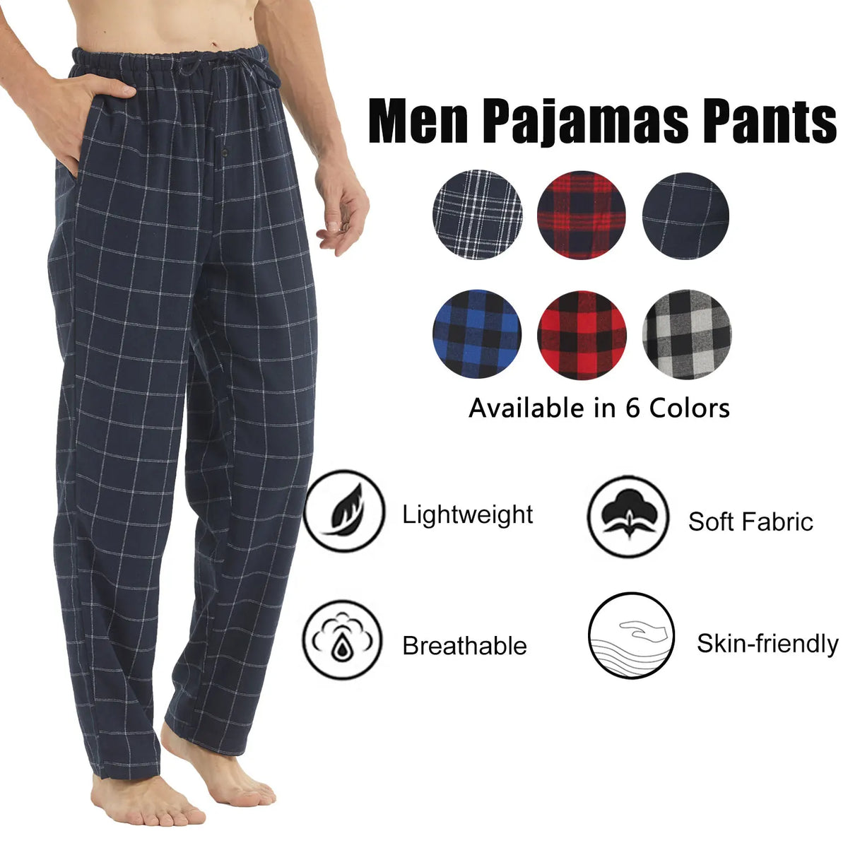 Men's Flannel Pajama Pants Plaid Cotton Warm Comfy Sleepwear with Drawstring Pockets And Button Fly - Lounge Bottoms M-XL
