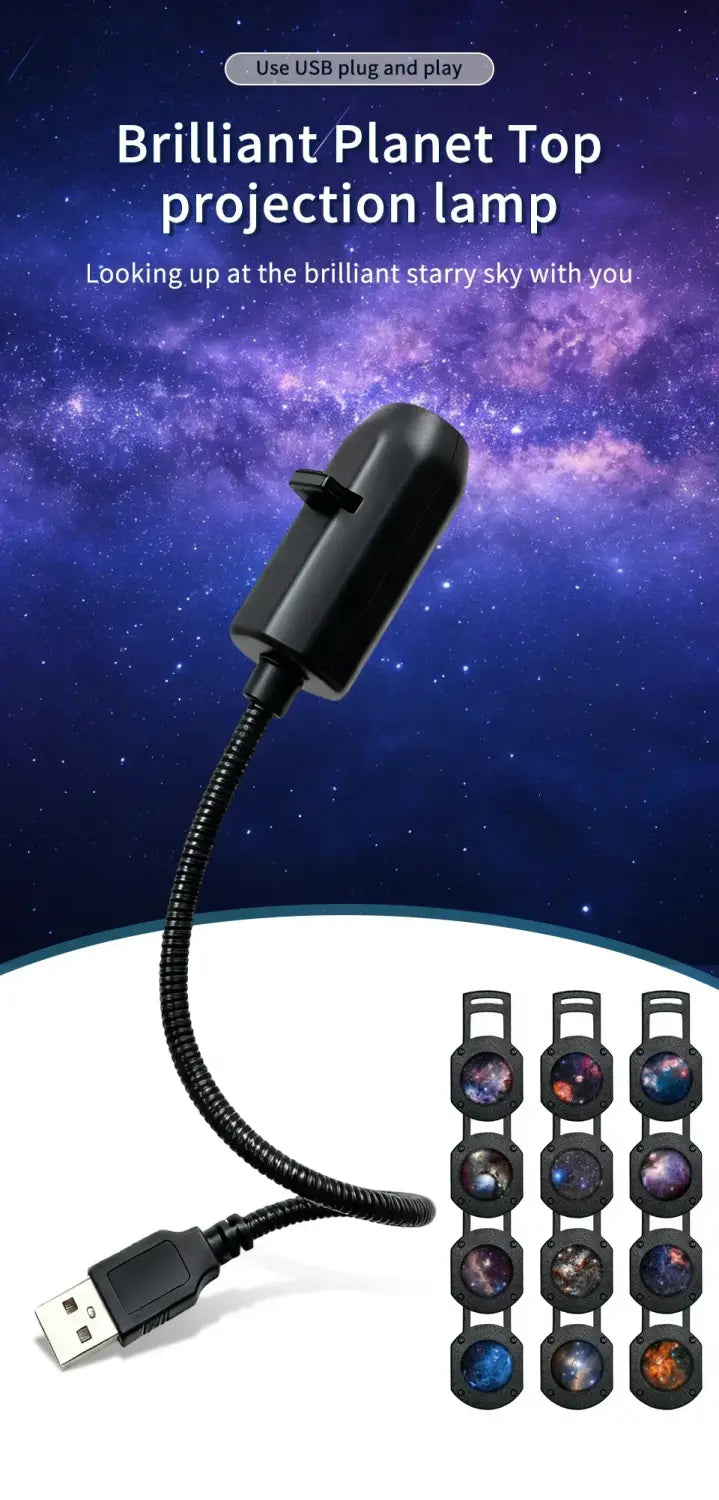 projecteur de galaxie ciel étoilé noir, alimenté par USB, avec col de cygne flexible et accessoires d’objectif interchangeables pour la projection en série de diapositives