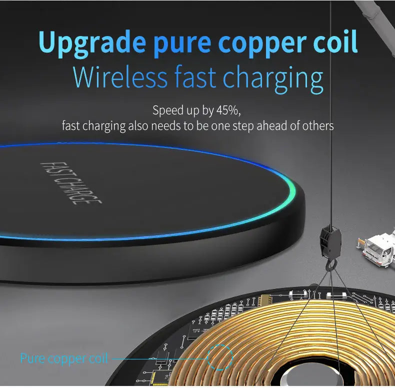 Black wireless fast charging pad with a glowing blue circular light ring and upgraded pure copper coil design for phone watch and earphones.