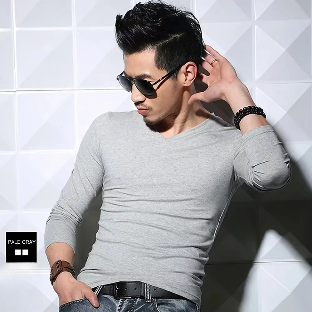 Men's T-Shirts Long Sleeve V Neck T Shirt 2026 MRMT Men Polyester T-Shirt Solid Color Slim Tight Man T Shirt For Male