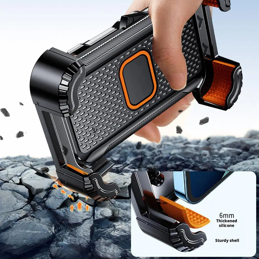 Schwarz- und orangefarbener stoßdämpfender Motorrad-Phonehalter mit strukturierter, robuster Schale und verdickten Silikon-Ecken, von der Rückseite dargestellt.