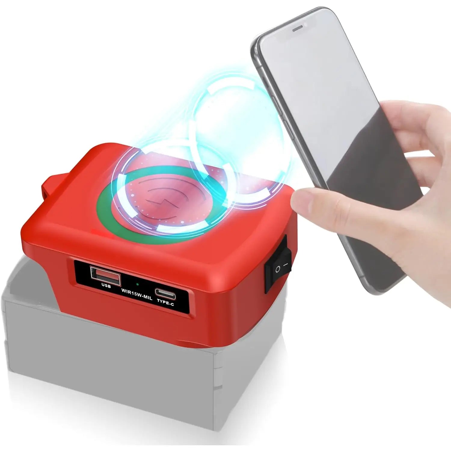 Cargador de banco de energía inalámbrico de batería rojo rectangular con anillos de carga circulares azules y verdes con iluminación, con puertos USB-A de 15 W y tipo C en su lateral, compatible con protocolo de carga rápida.