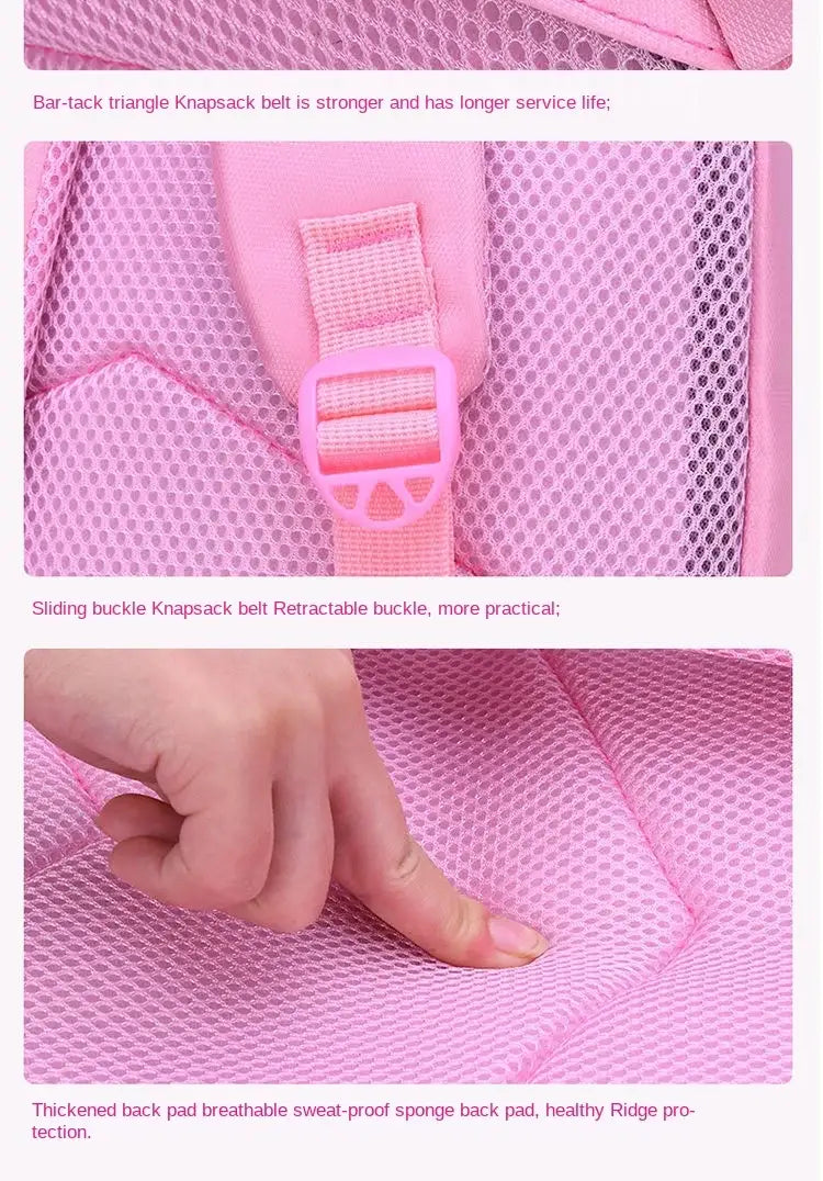 Rosa Katzen-Schulrucksack-Set für Mädchen mit gezeigter Rückseite aus rosa Mesh-Material, passender rosa Kunststoffschnalle und gepolstertem Rücken.