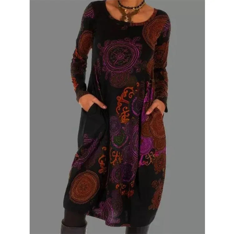 Ethnic Style Casual Dresses Women's Loose Vintage Ruffles Midi Dress Spring Autumn Long Sleeve Boho Printed Party Pocket Dress
